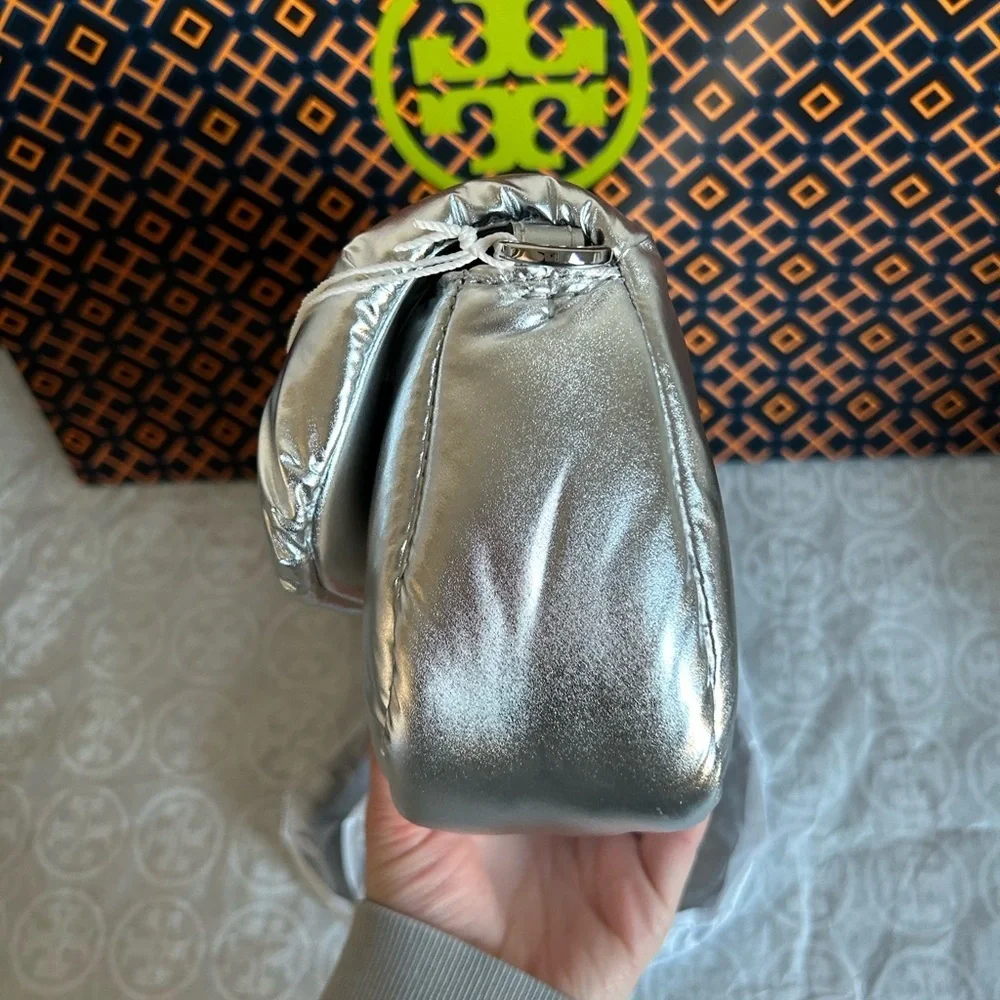 Tory Burch Britten Metallic Puffy Convertible Crossbody Bag Silver